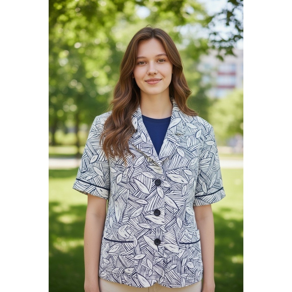 Perceptions New York Navy White wood log Print Short Sleeve Blazer Size 12